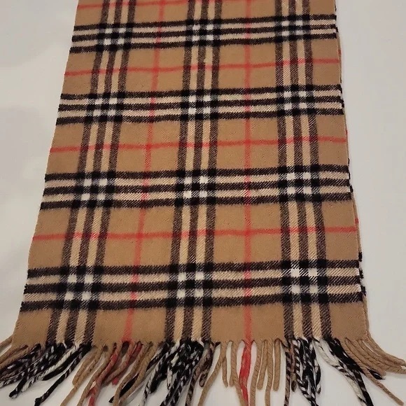 Burberry 100% Cashmere Classic Plaid Fringe Scarf Tan Black Red great condition - Picture 7 of 13